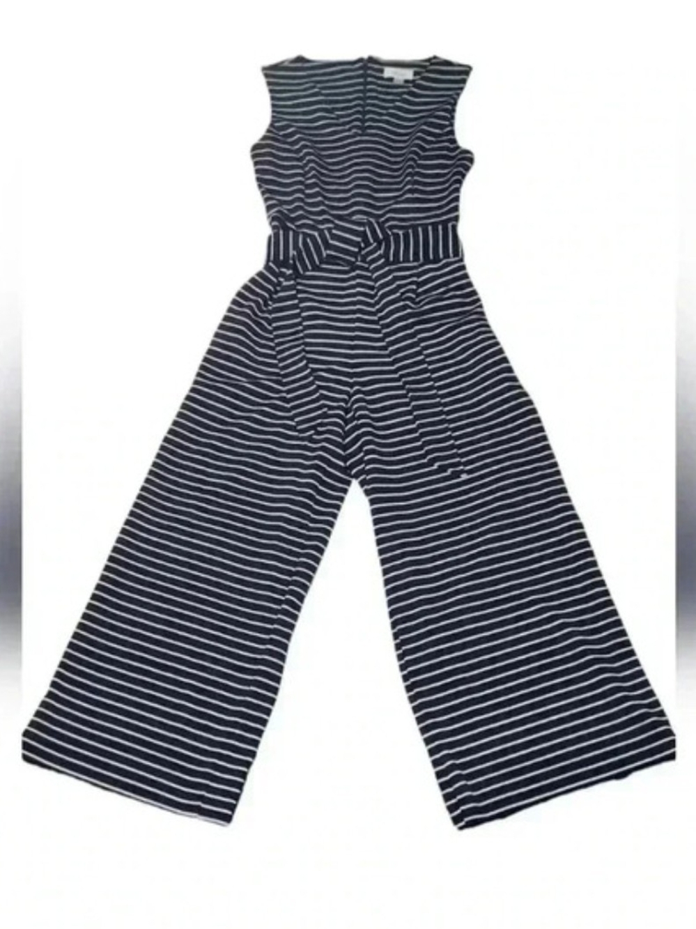 Calvin Klein Navy and White Striped Sleeveless Wide-Leg Jumpsuit with Tie Belt